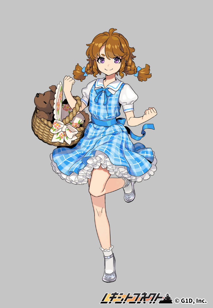 1girl, bow, brown_hair, clenched_hand, dog, dress, grey_background, hand_up