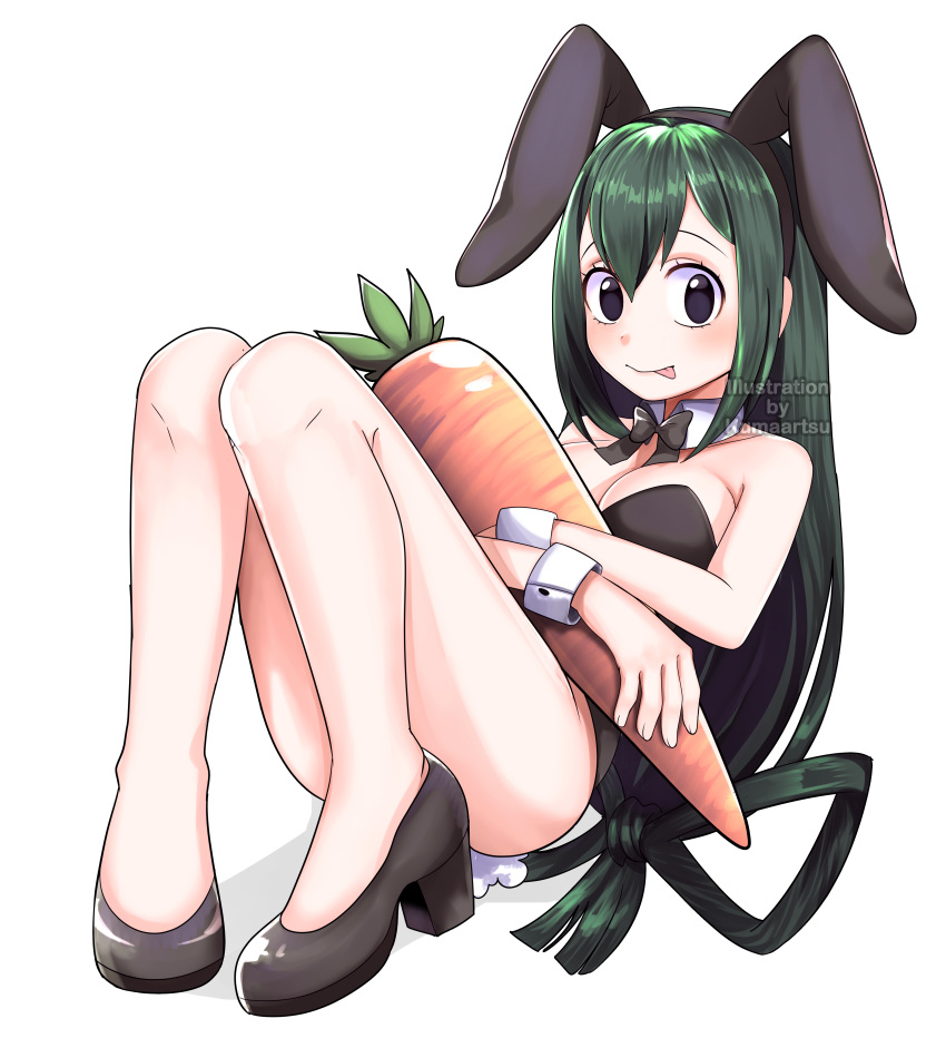 absurdres, animal_ears, asui_tsuyu, bare_shoulders, black_bow, black_eyes, black_footwear, black_hair