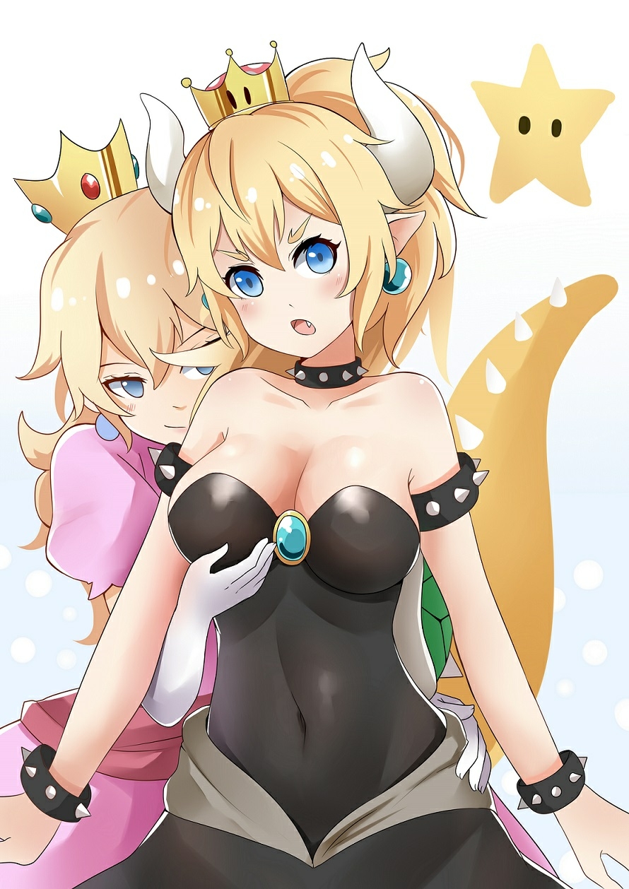 2girls, armlet, bare_shoulders, black_dress, blonde_hair, blue_eyes, bowsette, bracelet