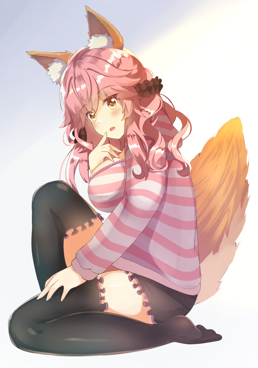 1girl, absurdres, alternate_costume, animal_ears, black_legwear, blush, breasts, cleavage