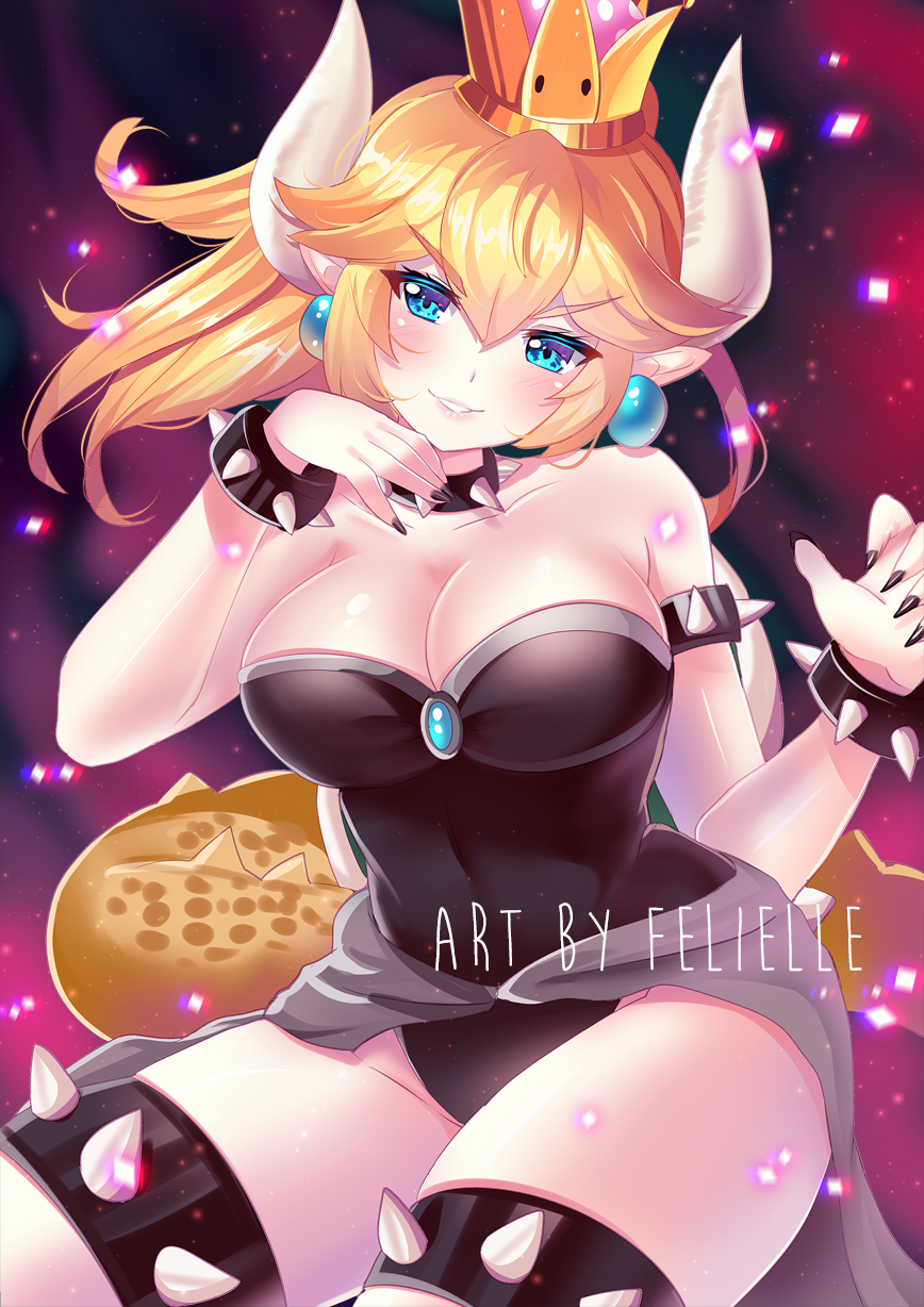 1girl, black_leotard, blonde_hair, blue_eyes, bowsette, bracelet, breasts, collar