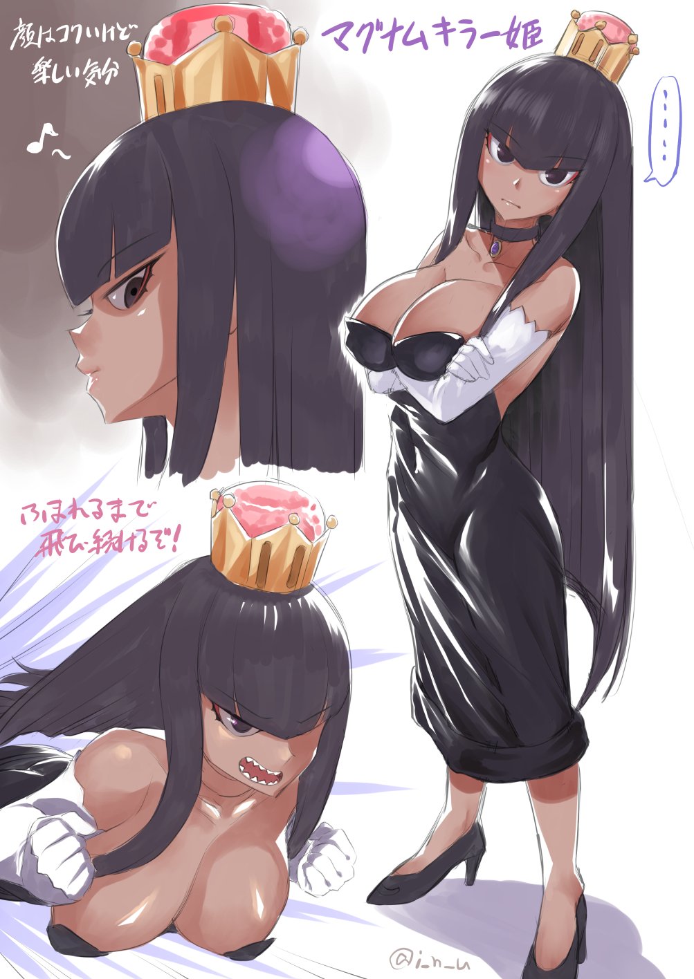 ..., 1girl, banzai_bill, black_dress, black_eyes, black_hair, breasts, bullet_bill, cleavage, closed_mouth, crossed_arms, dark_skin, dress, elbow_gloves, expressions, eyebrows_visible_through_hair, gloves, high_heels, highres, inu_(aerodog), large_breasts, long_hair, looking_at_viewer, looking_away, super_mario_bros., musical_note, new_super_mario_bros._u_deluxe, nintendo, open_mouth, solo, speech_bubble, spoken_ellipsis, super_crown, teeth, translated, twitter_username, white_gloves