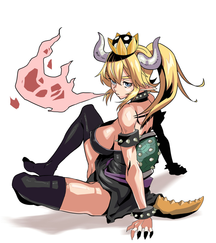 1girl, absurdres, arm_support, armlet, arms_behind_back, back, bangs, bare_shoulders