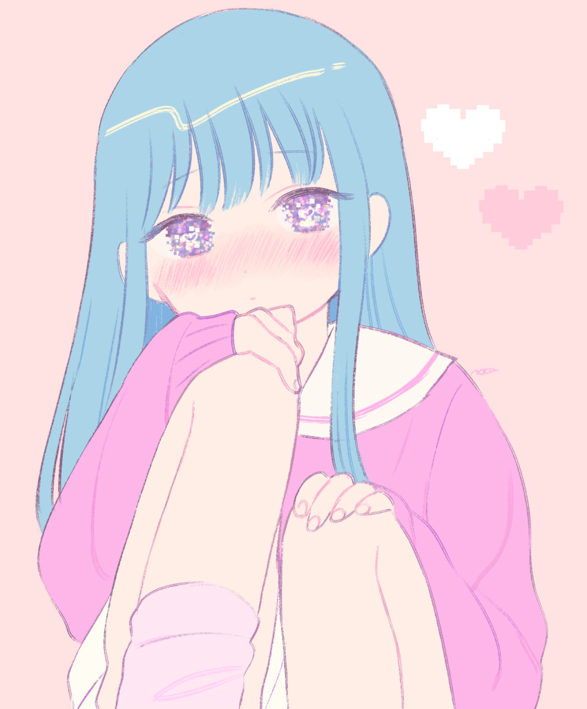 1girl, bangs, blue_eyes, blue_hair, blush, eyebrows_visible_through_hair, heart, heart-shaped_pupils