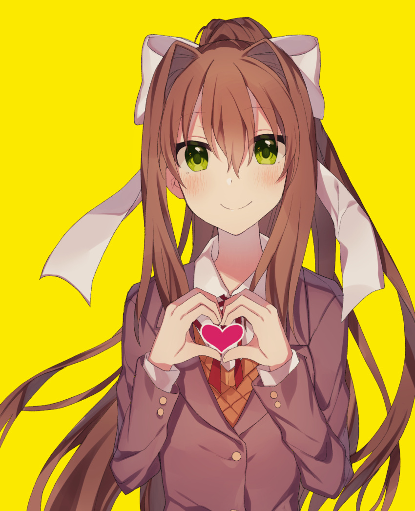 1girl, bangs, blazer, blush, bow, brown_hair, brown_jacket, closed_mouth