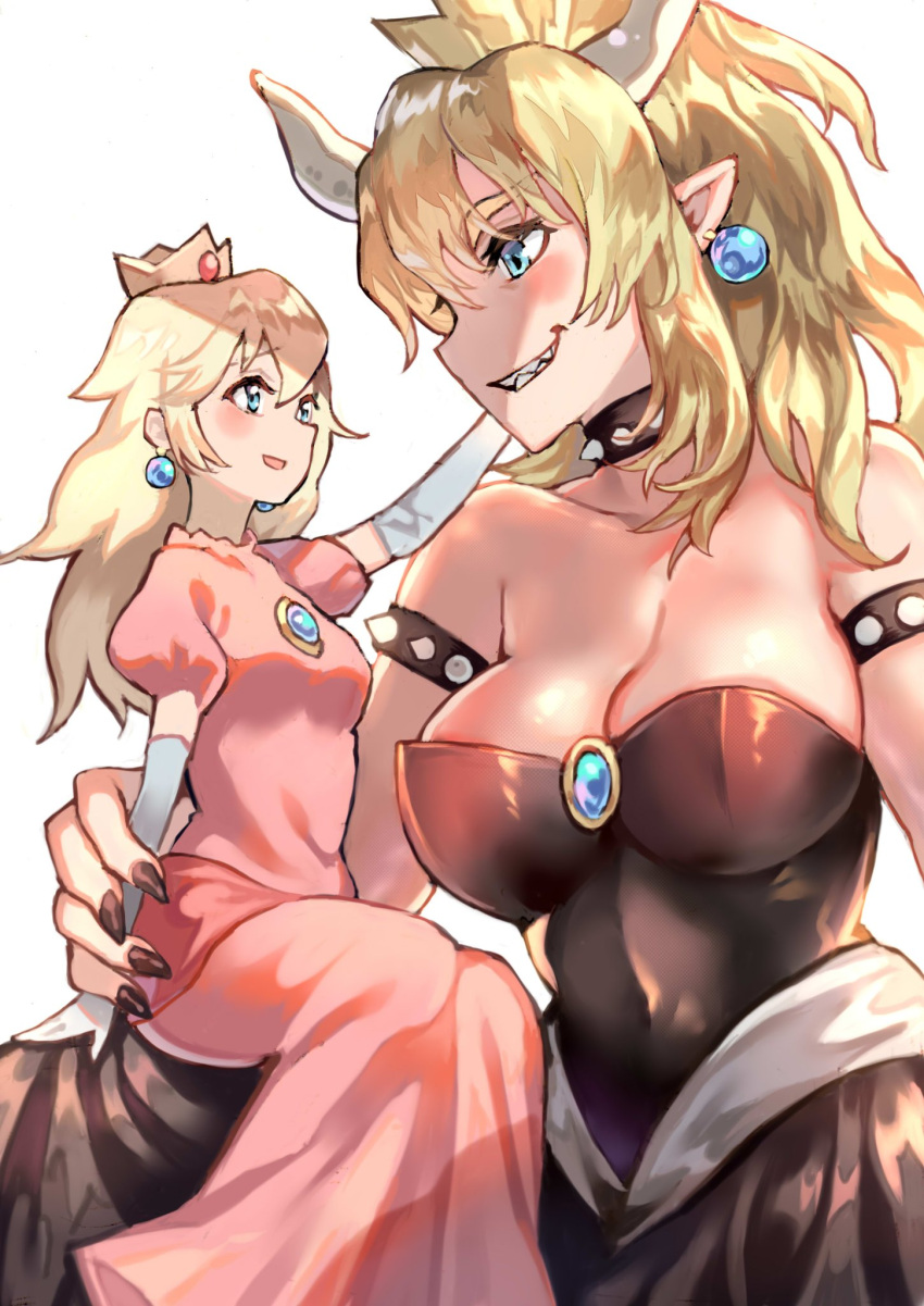 2girls, ayyk92, bare_shoulders, black_dress, black_leotard, blonde_hair, blue_eyes, blush, bowsette, bracelet, breasts, collar, crown, denchu_(kazudentyu), dress, earrings, highres, horns, jewelry, large_breasts, leotard, super_mario_bros., multiple_girls, new_super_mario_bros._u_deluxe, nintendo, pointy_ears, ponytail, princess_peach, sharp_teeth, size_difference, spiked_bracelet, spiked_collar, spikes, strapless, strapless_dress, strapless_leotard, super_crown, super_mario_bros., teeth, yuri