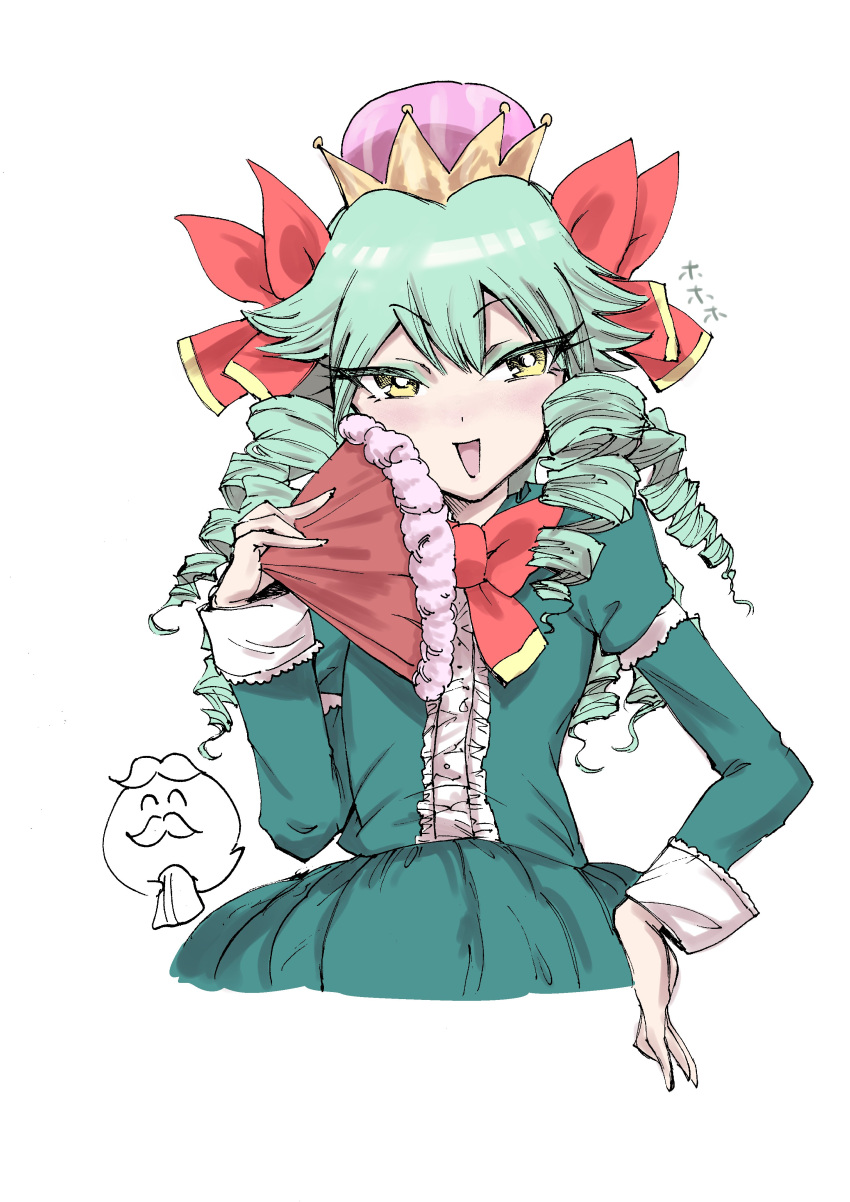 1girl, :d, absurdres, aqua_hair, bangs, bow, bowtie, bright_pupils, crown, drill_hair, eyebrows_visible_through_hair, eyeshadow, fan, folding_fan, ghost, hair_bow, hand_on_hip, highres, holding, holding_fan, juliet_sleeves, long_hair, long_sleeves, makeup, super_mario_bros., new_super_mario_bros._u_deluxe, nintendo, open_mouth, paper_mario, puffy_sleeves, quad_drills, red_bow, red_neckwear, resaresa, rx_hts, sebastian_(paper_mario), simple_background, smile, solo, super_crown, super_mario_bros., tsurime, white_background, white_pupils, yellow_eyes