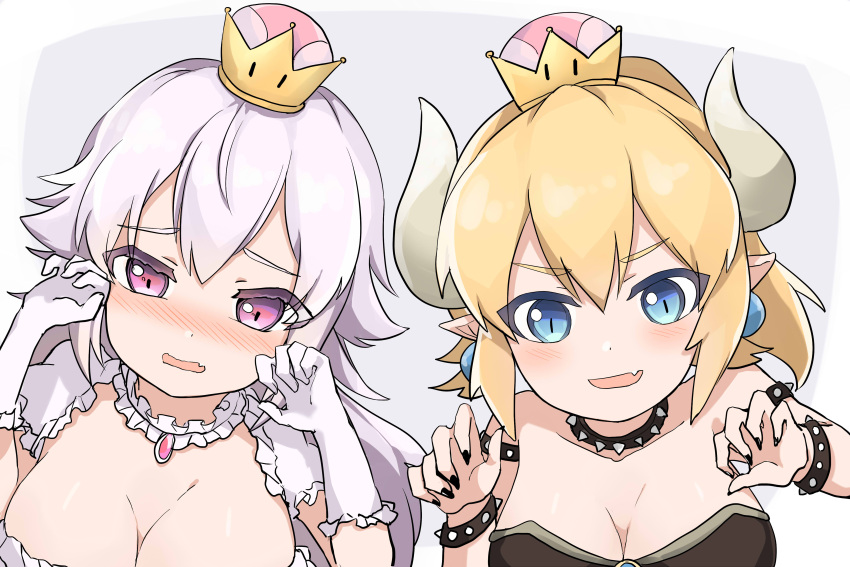 2girls, absurdres, bangs, black_dress, black_nails, blonde_hair, blue_eyes, blush