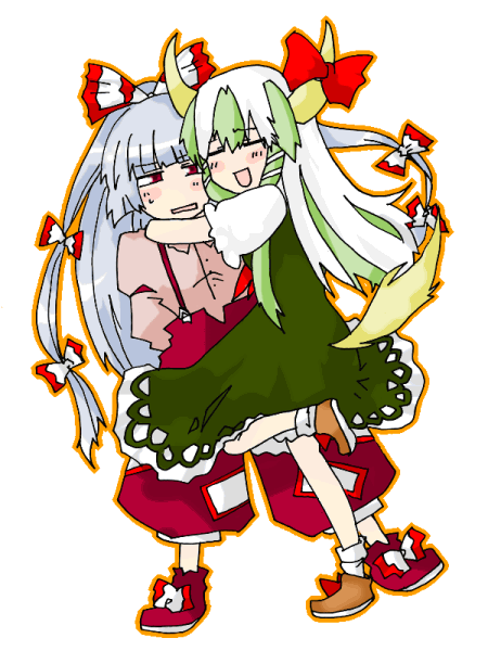 blue_hair, blush, dealca, dress, ex-keine, ex_keine, fujiwara_no_mokou, green_hair, happy, horns, hug, kamishirasawa_keine, multiple_girls, ribbon, ribbons, tail, touhou