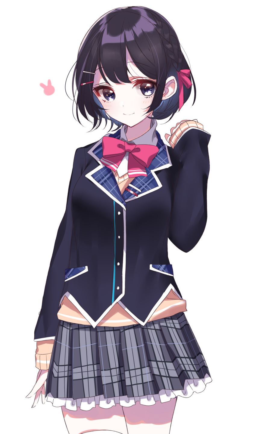 1girl, alternate_hair_length, alternate_hairstyle, black_eyes, black_hair, blush, breasts, closed_mouth