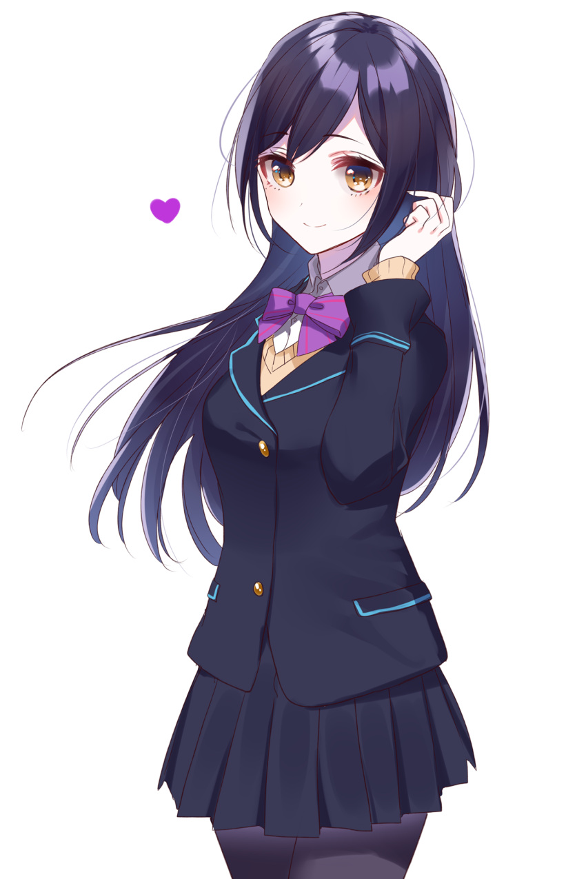 1girl, alternate_hair_length, alternate_hairstyle, black_legwear, black_skirt, blue_hair, blush, brown_eyes