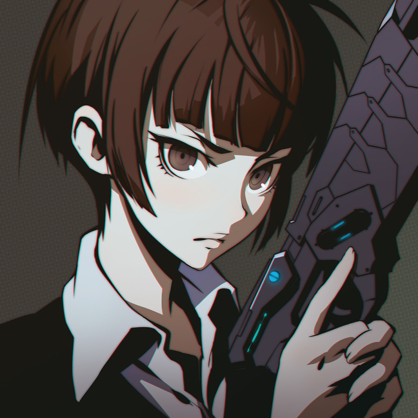 1girl, bangs, blunt_bangs, brown_eyes, brown_hair, chromatic_aberration, closed_mouth, collared_shirt