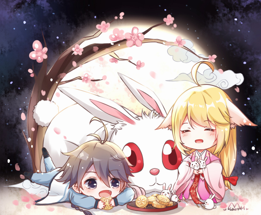 1boy, 1girl, :d, animal, animal_ears, bai_yuechu, bangs, black_footwear
