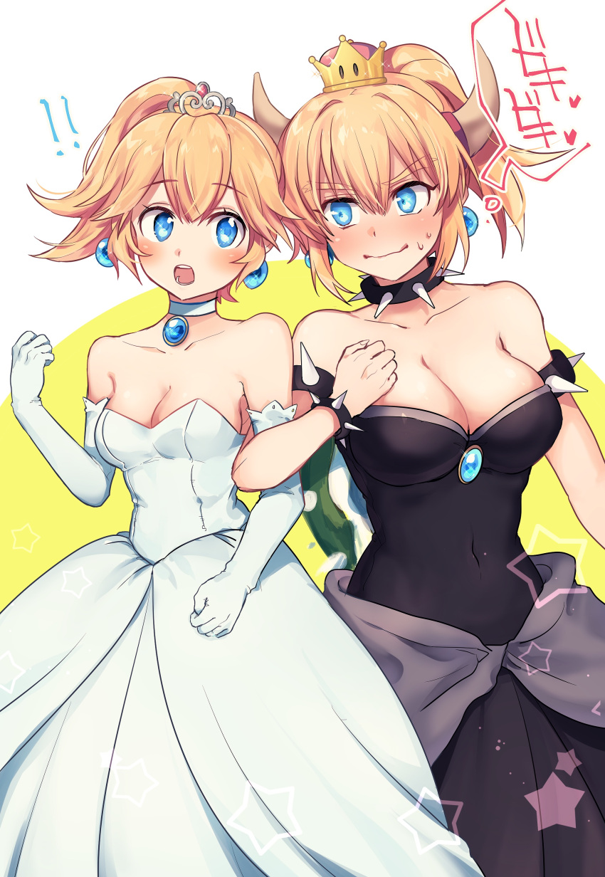 2girls, absurdres, blonde_hair, blue_eyes, blush, bowsette, bracelet, breasts, cleavage, collar, crown, dress, earrings, highres, jewelry, large_breasts, super_mario_bros., medium_breasts, multiple_girls, navel, new_super_mario_bros._u_deluxe, nintendo, personification, ponytail, princess_peach, spiked_armlet, spiked_bracelet, spiked_collar, spikes, super_crown, yuri, zenryoku_eimin