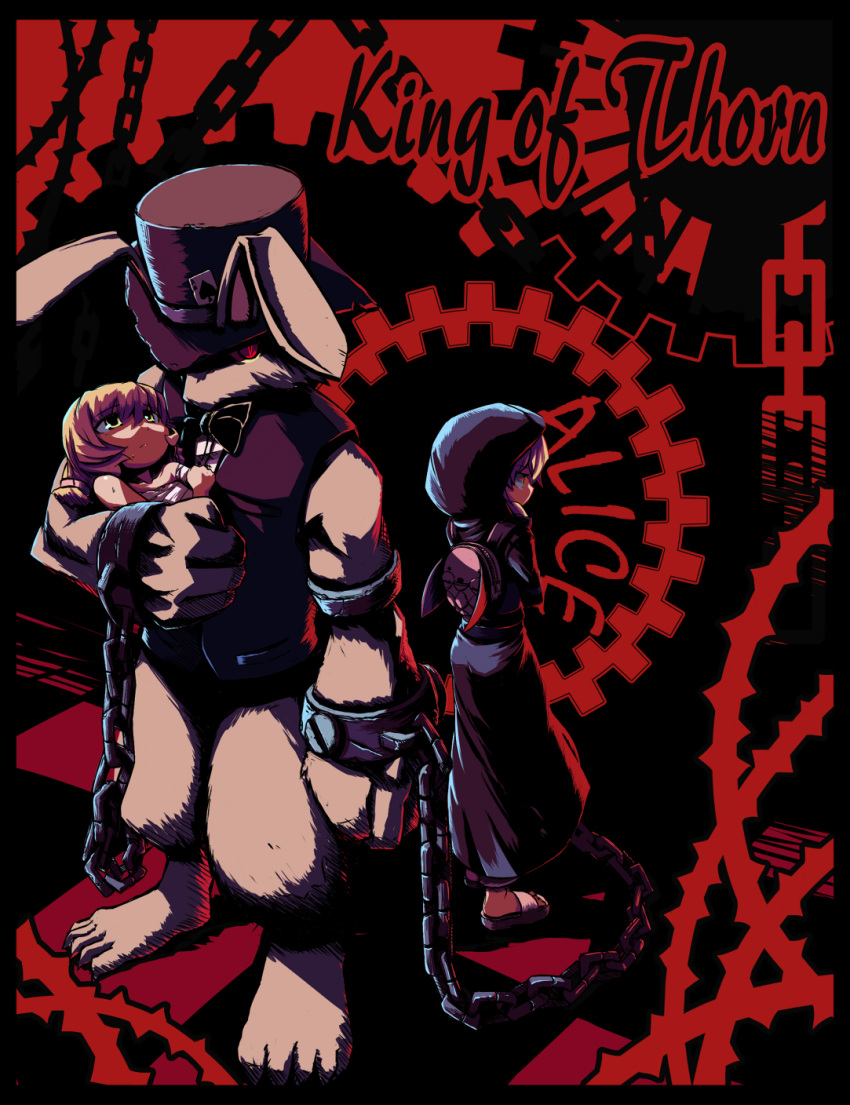 backpack, bag, blonde_hair, bunny, chain, chains, gears, hat, highres, hood, ibara_no_ou, king_of_thorn, rabbit, takahero, top_hat, yellow_eyes