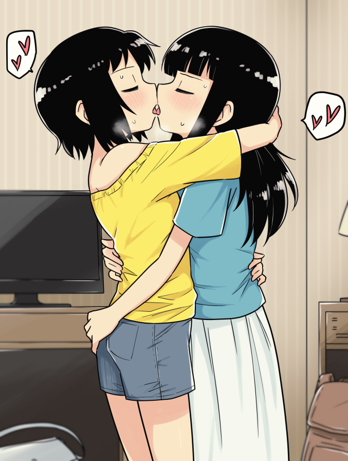2girls, aqua_shirt, arm_around_neck, ass_grab, bernard-jou_iwaku., black_hair, casual, closed_eyes