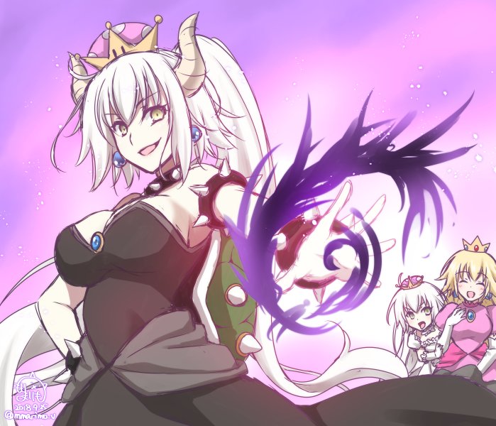 3girls, black_dress, blonde_hair, bowsette, bowsette_(cosplay), bracelet, breasts, cleavage