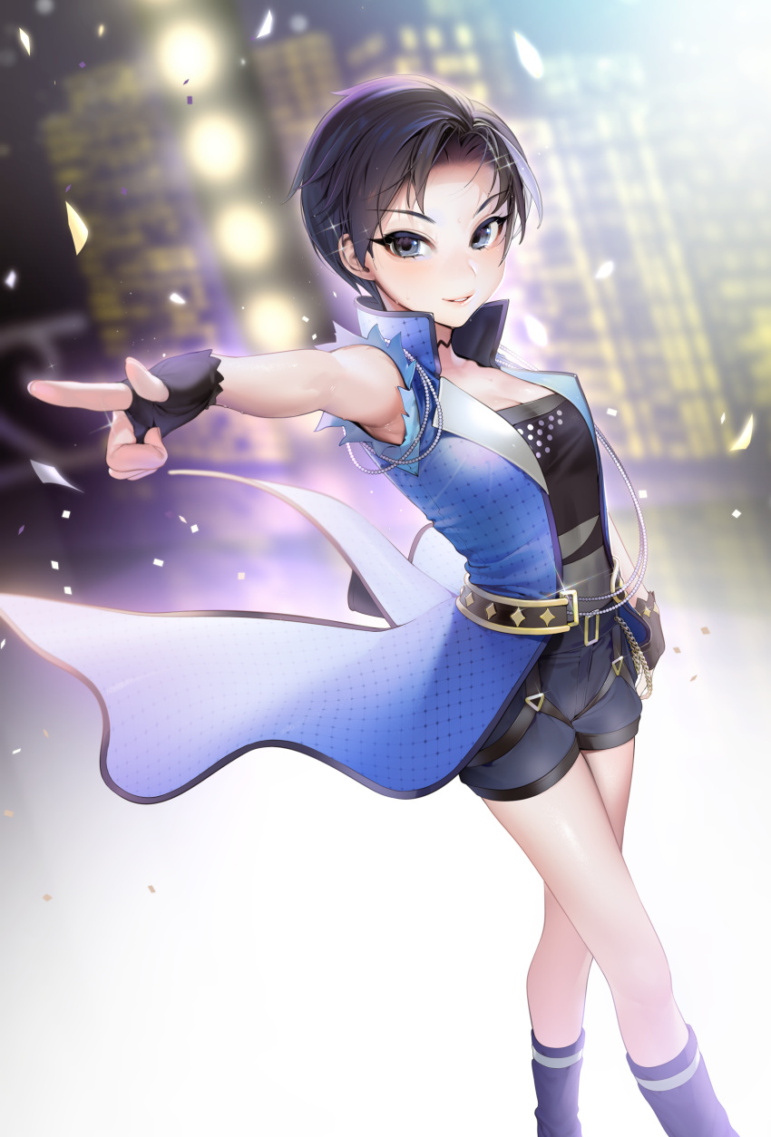 1girl, absurdres, belt, black_eyes, black_gloves, black_legwear, black_shorts, breasts