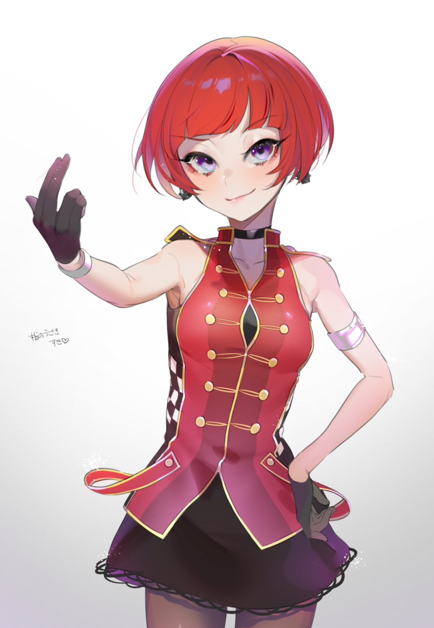 1girl, bare_shoulders, black_choker, black_gloves, breasts, brown_legwear, choker, closed_mouth, cowboy_shot, curie_(shining_star), earrings, gloves, gradient, gradient_background, grey_background, hand_on_hip, highres, jewelry, looking_at_viewer, medium_breasts, ohisashiburi, pantyhose, redhead, shining_star, short_hair, smile, solo, standing, translated, violet_eyes