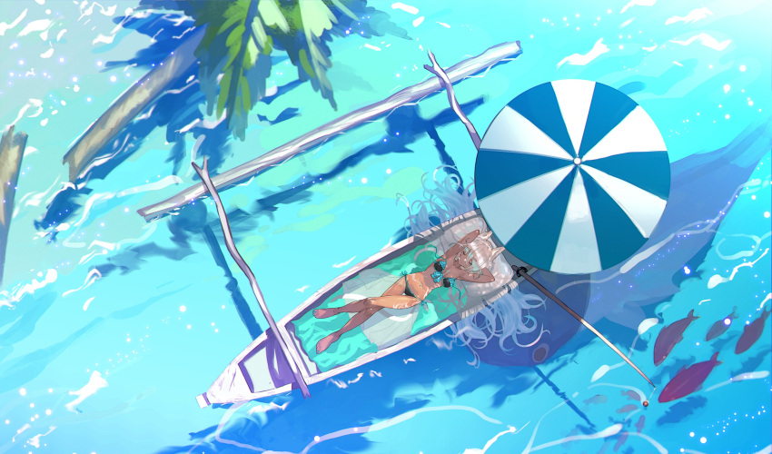 1girl, absurdres, animal_ears, armpits, arms_up, bare_legs, barefoot, beach_umbrella