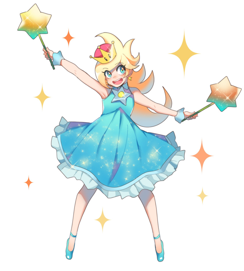 1girl, absurdres, bare_arms, blonde_hair, blue_eyes, chiko_(mario), crown, dress