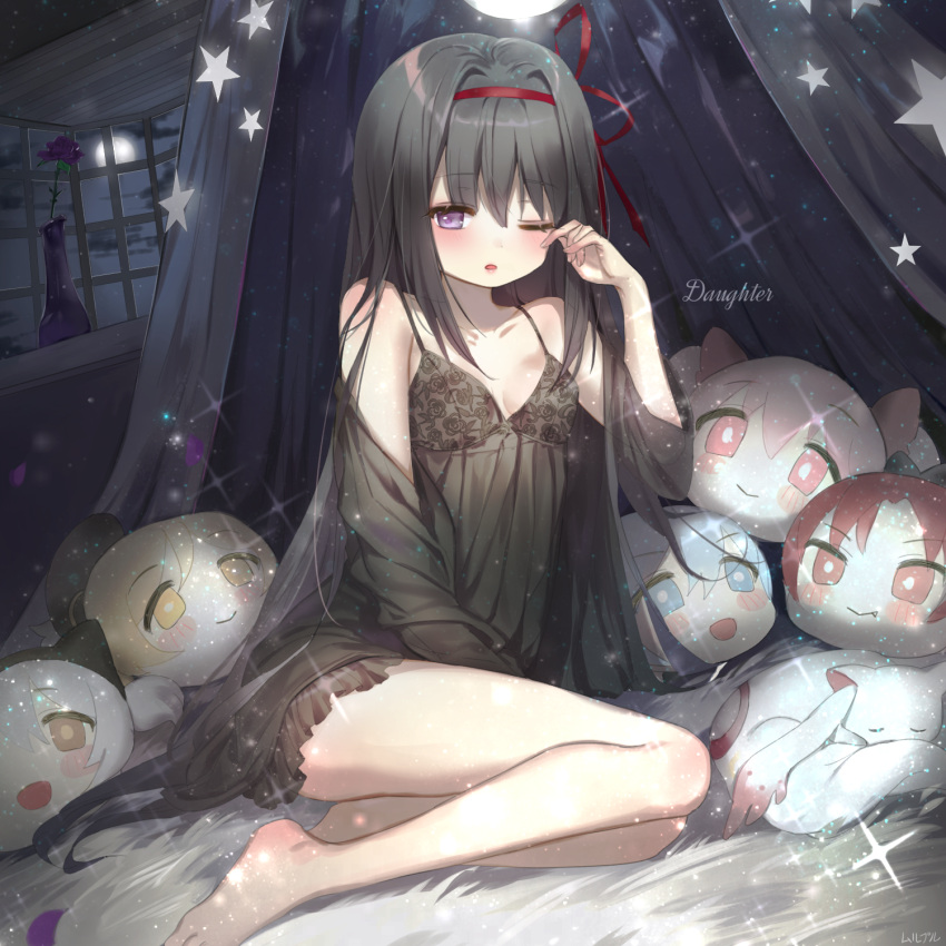 1girl, akemi_homura, barefoot, bed, black_bra, black_hair, black_nightgown, blush, bra, breasts, clouds, commentary, curtains, english, eyebrows_visible_through_hair, flower, highres, kaname_madoka, kyubey, light_particles, long_hair, looking_at_viewer, mahou_shoujo_madoka_magica, miki_sayaka, momoe_nagisa, moon, mullpull, night, night_sky, nightgown, one_eye_closed, purple_flower, purple_rose, red_ribbon, ribbon, rose, rubbing_eyes, sakura_kyouko, see-through, sitting, sky, sleeping, small_breasts, sparkle, star, thighs, tomoe_mami, underwear, vase, very_long_hair, violet_eyes, watermark, window