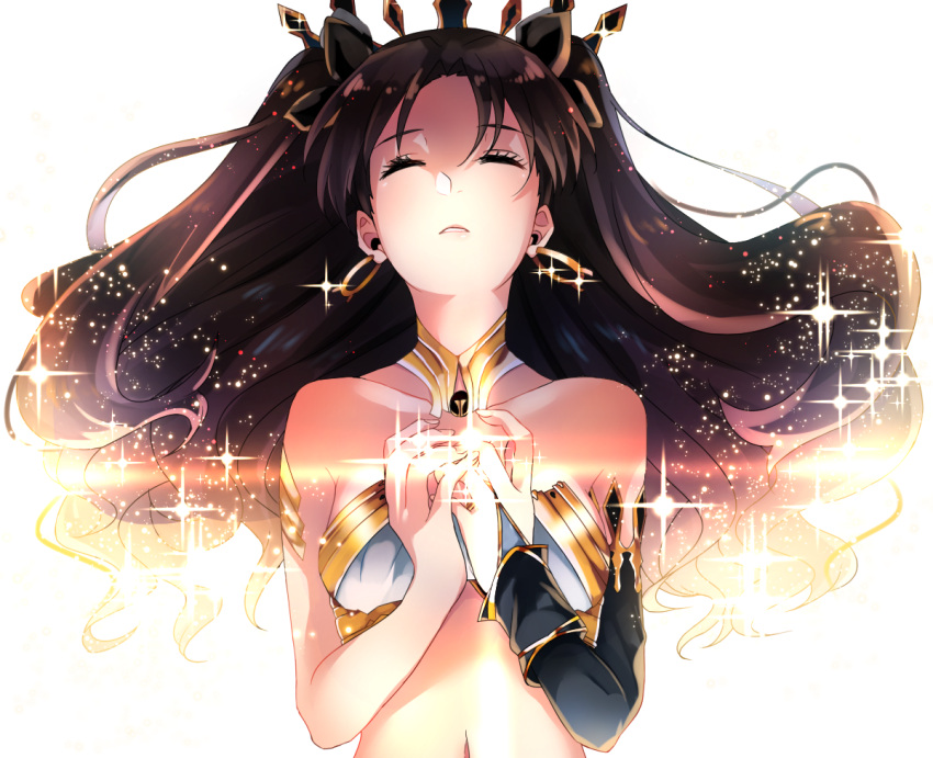 1girl, asymmetrical_sleeves, bra, bridal_gauntlets, brown_hair, choker, closed_eyes, collarbone