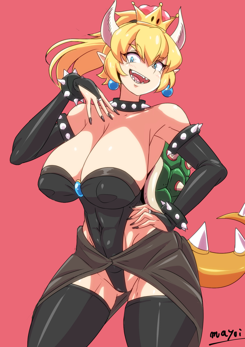 1girl, armlet, bangs, bare_shoulders, between_breasts, black_legwear, black_leotard, black_nails