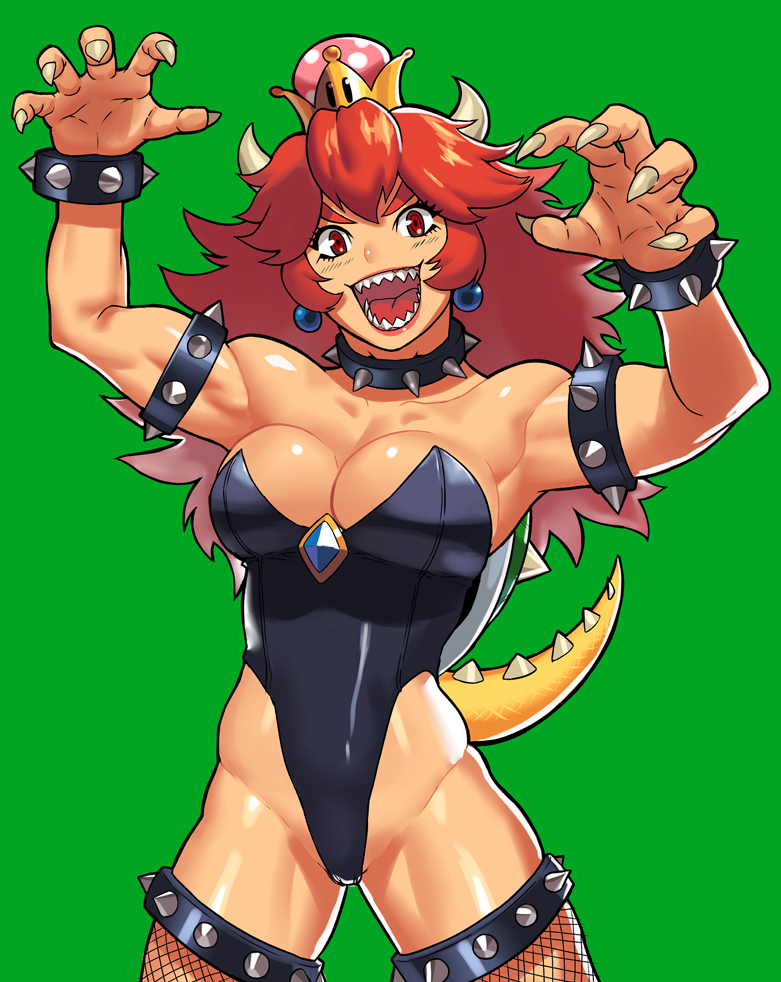 1girl, armlet, bare_shoulders, bowsette, bracelet, cleavage, collar, crown