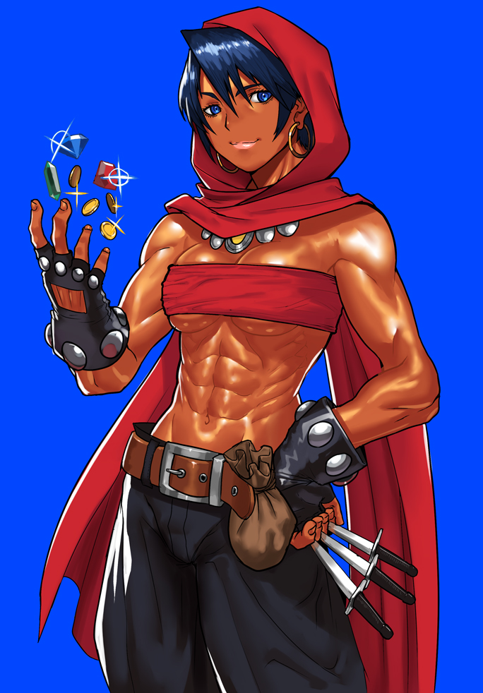 1girl, abs, black_hair, breasts, cape, dark_skin, dungeons_and_dragons, earrings, fingerless_gloves, gem, gloves, hood, hoop_earrings, jewelry, knife, large_breasts, midriff, moriah, muscle, muscular_female, pants, short_hair, solo, tan, uka_(cessa), weapon