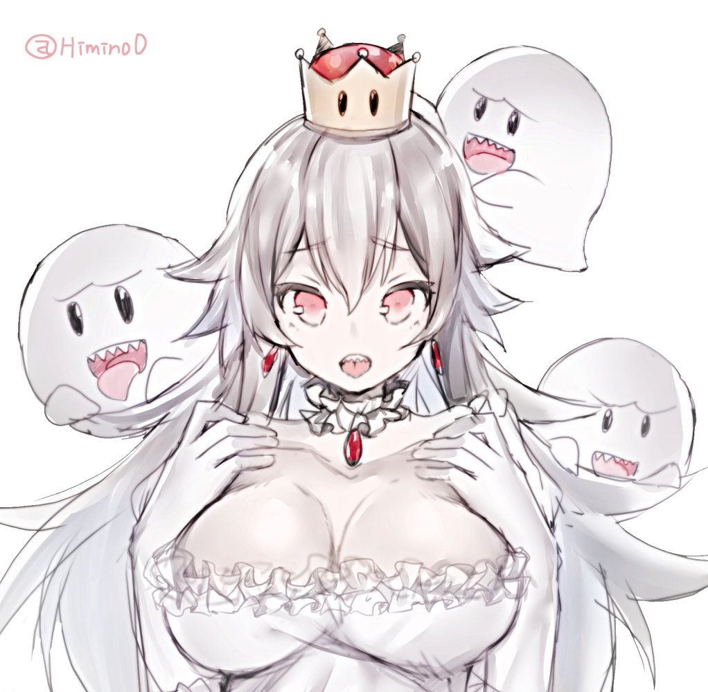 1girl, blush, breasts, cleavage, crown, dress, eyebrows_visible_through_hair, gloves