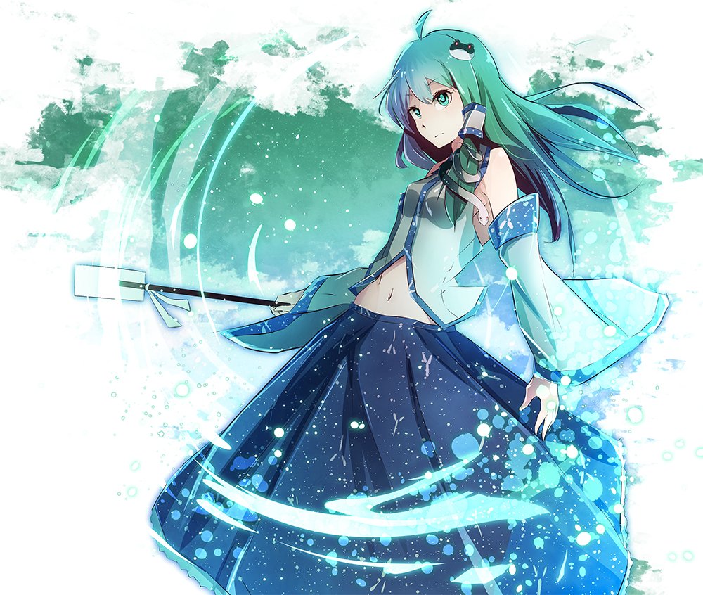 1girl, armpit, blue_skirt, breast, collar, detached_sleeves, frog, gohei