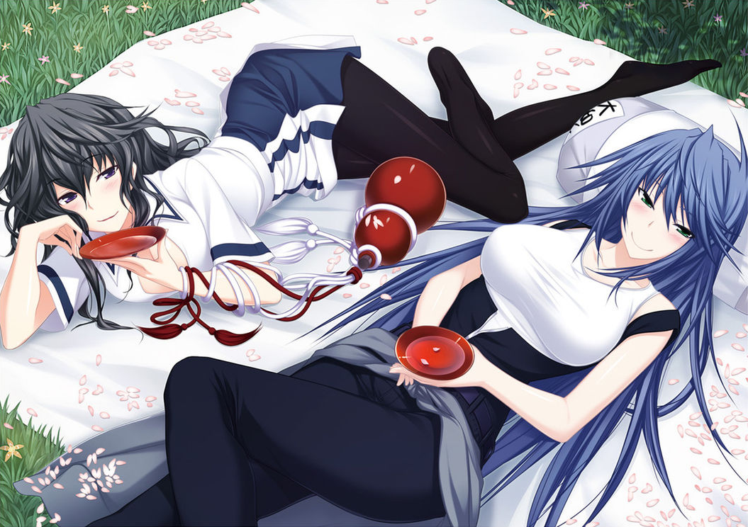 2girls, black_hair, blue_hair, breasts, cherry_blossoms, cup, drunk, field