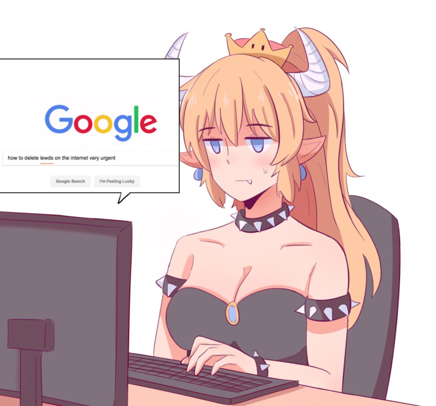 1girl, armlet, bare_shoulders, black_dress, blonde_hair, blue_eyes, bowsette, bracelet, breasts, cailin_(poptrt), cleavage, collar, crown, dress, earrings, hair_between_eyes, highres, horns, jewelry, large_breasts, long_hair, super_mario_bros., nintendo, ponytail, spiked_armlet, spiked_bracelet, spiked_collar, spikes, super_crown