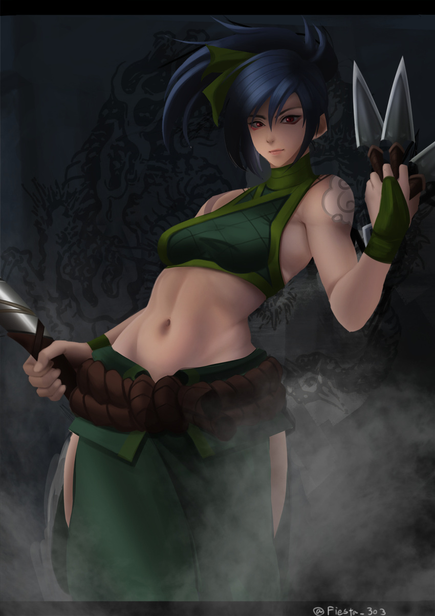 1girl, abs, akali, breasts, fiesta_(fiesta303), highres, kama_(weapon), kunai, league_of_legends, long_hair, midriff, ponytail, red_eyes, sickle, smoke, tattoo, weapon