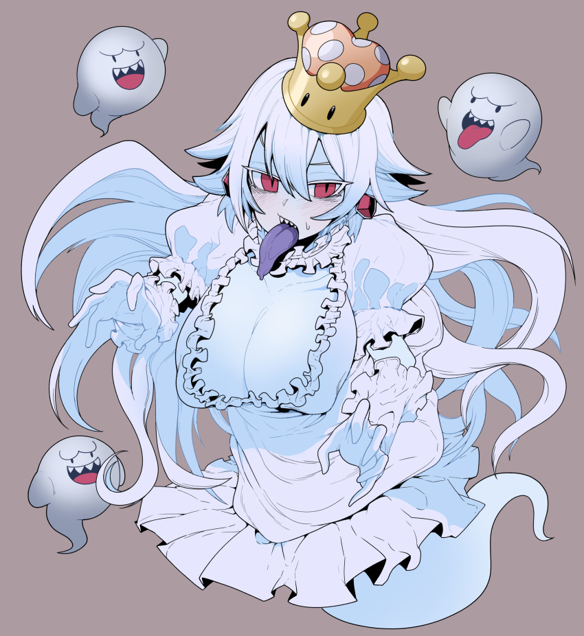 1girl, :p, absurdres, blush, boo, breasts, cleavage, crown