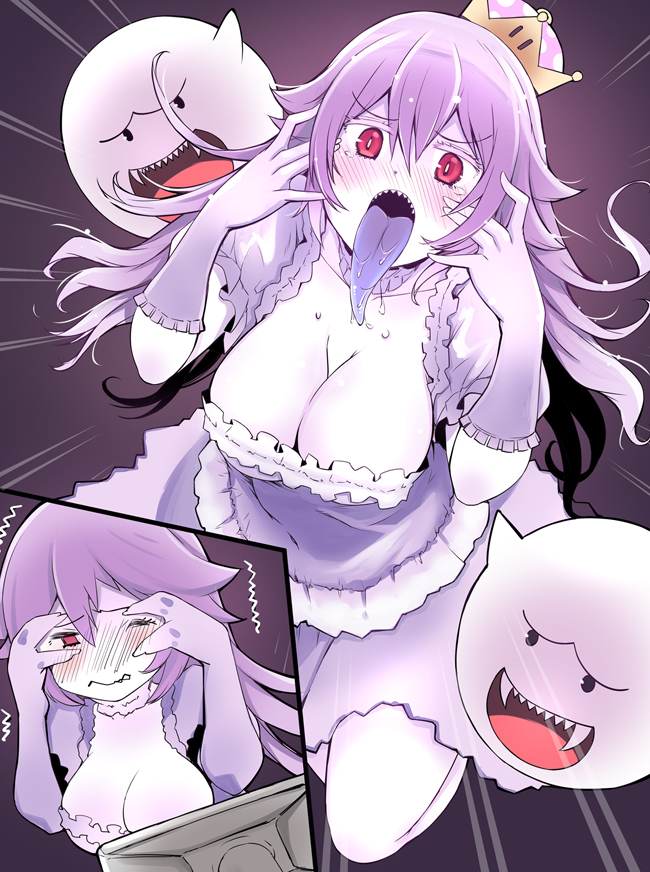 1girl, blue_tongue, blush, boo, breasts, cleavage, crown, dress