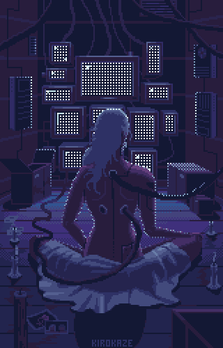android, animated, artist_name, box, candle, facing_away, kirokaze, long_hair