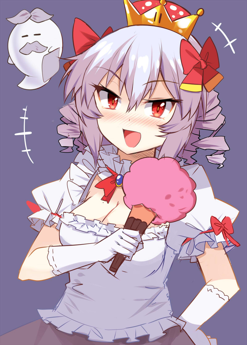 1girl, :d, =_=, bangs, blush, boo, bow, breasts