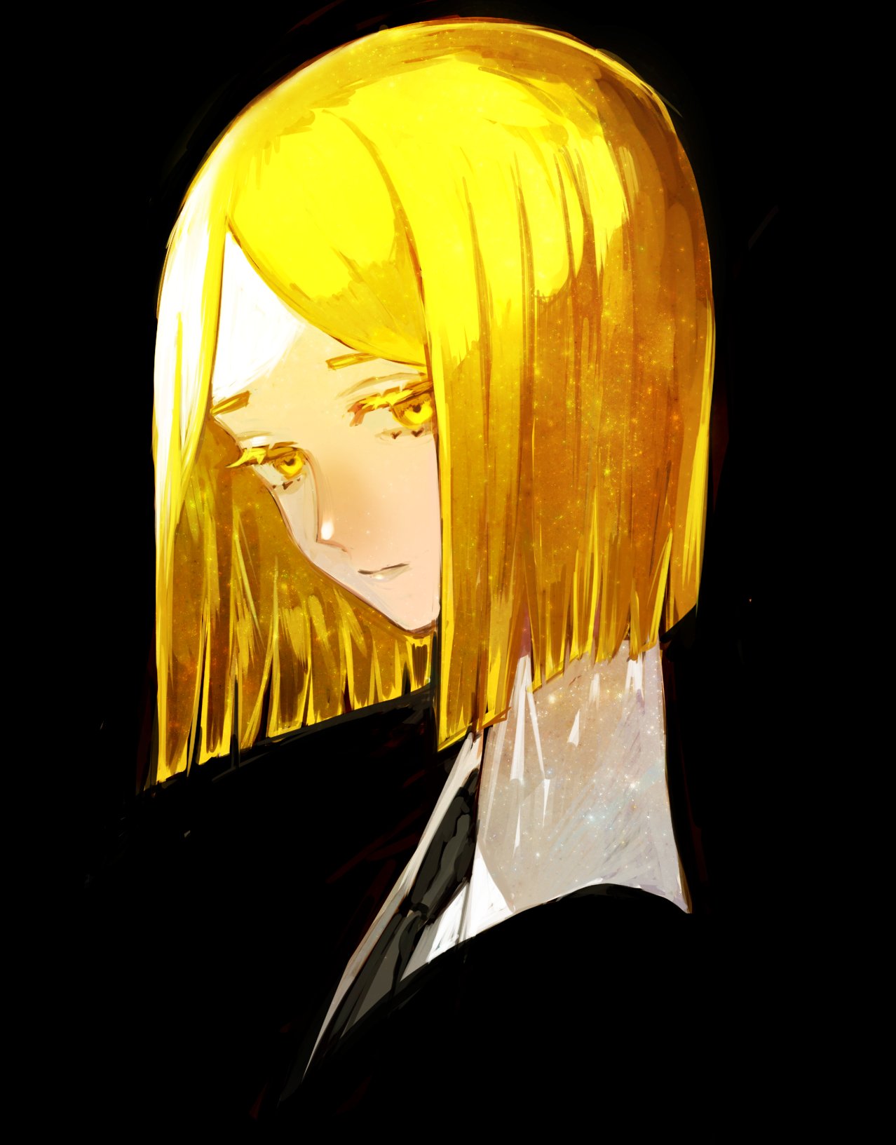 1other, androgynous, black_background, blonde_hair, colored_eyelashes, gem_uniform_(houseki_no_kuni), highres, houseki_no_kuni