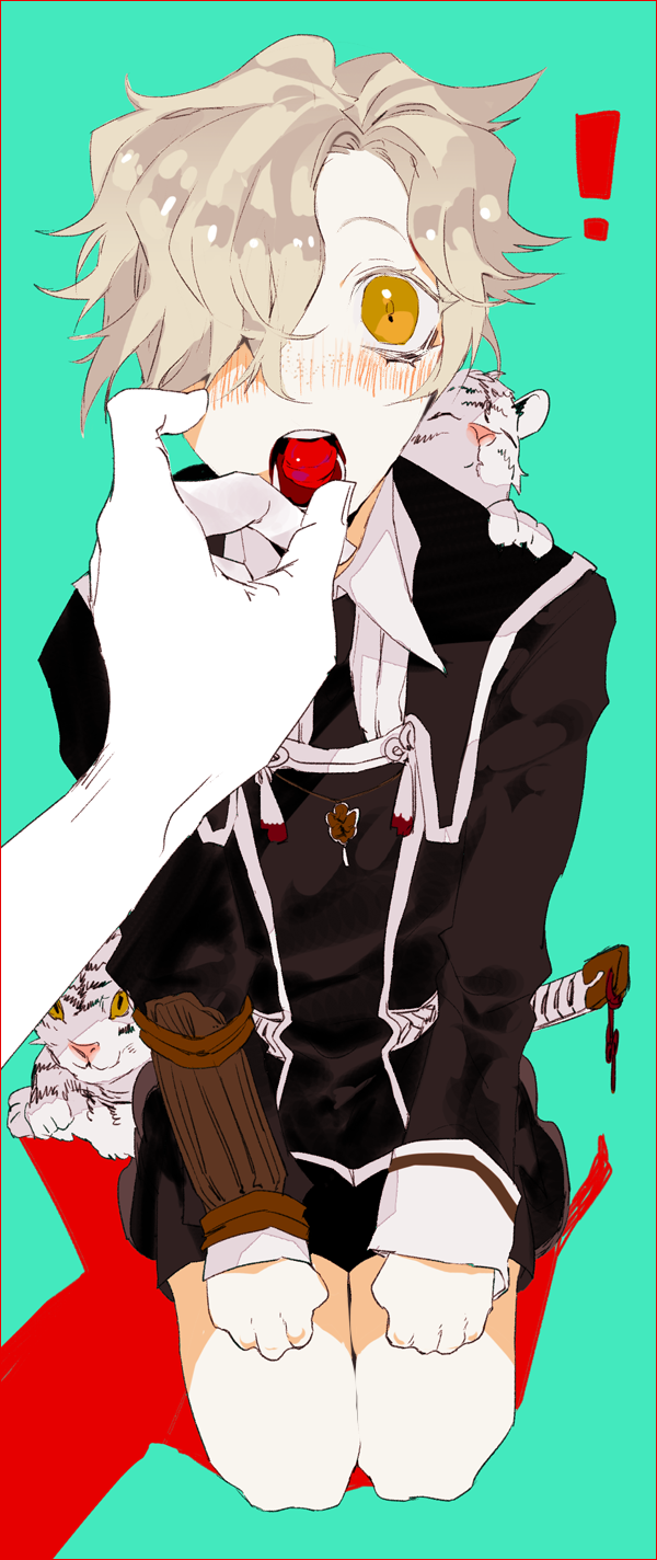 1boy, animal, blush, candy, feeding, food, gokotai, hair_over_one_eye