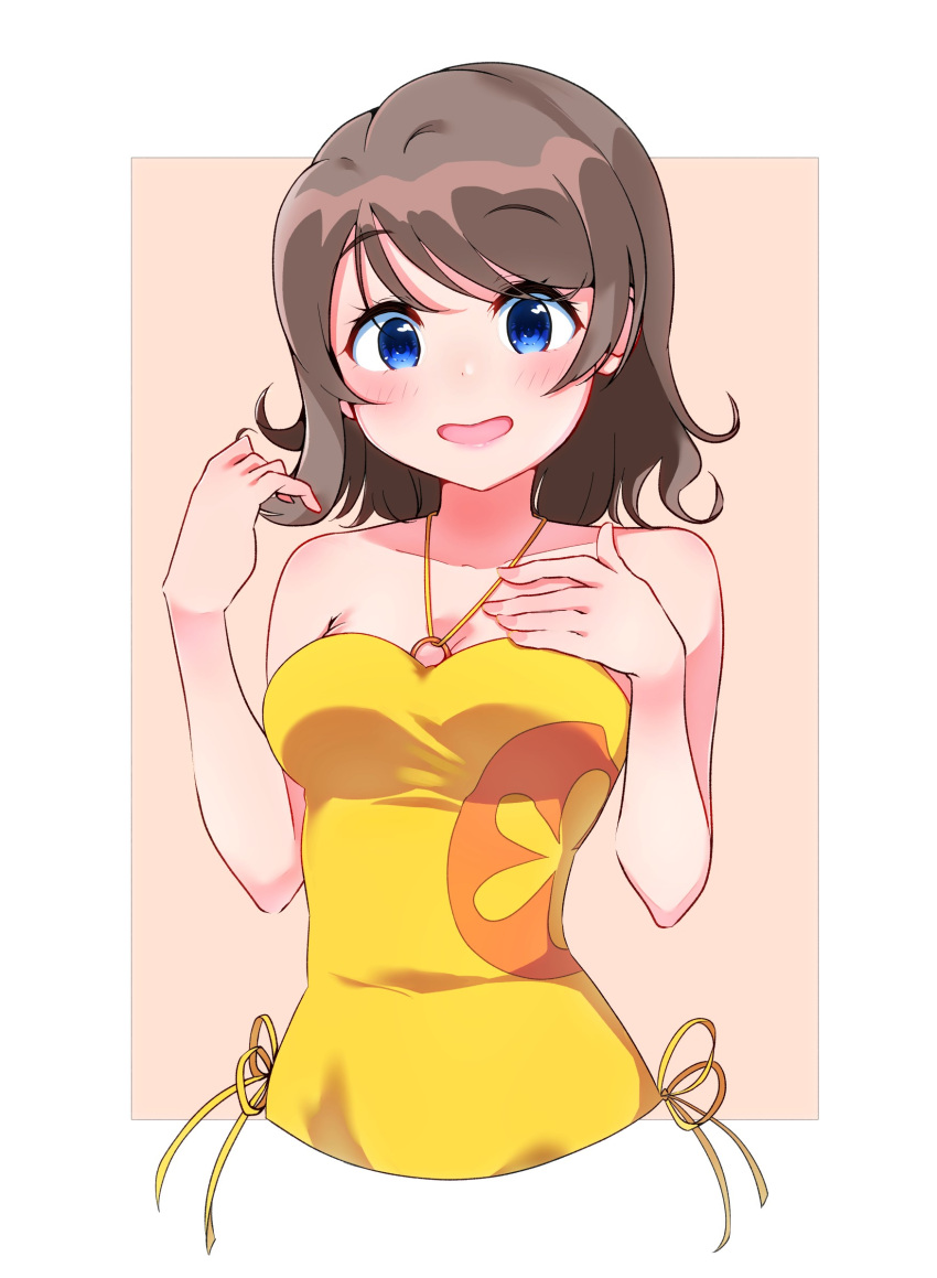 1girl, blue_eyes, casual_one-piece_swimsuit, cosplay, cowboy_shot, grey_hair, highres, igarashi_kyouhei, looking_at_viewer, love_live!, love_live!_sunshine!!, one-piece_swimsuit, short_hair, solo, swimsuit, takami_chika, takami_chika_(cosplay), two-tone_background, watanabe_you, yellow_swimsuit