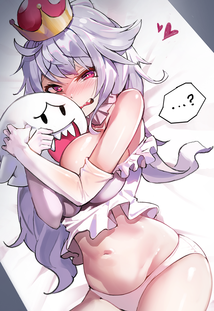 1girl, ahoge, bare_shoulders, between_breasts, boo, breasts, cleavage, crown