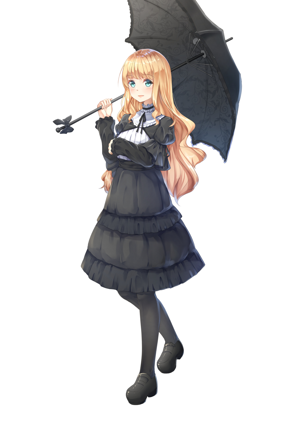1girl, bangs, black_choker, black_dress, black_footwear, black_legwear, black_ribbon, black_umbrella