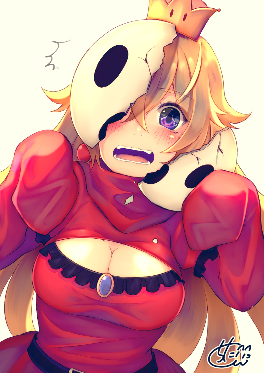 /\/\/\, 1girl, bangs, beige_background, blush, breasts, broken_mask, chita_(ketchup), cleavage, cleavage_cutout, commentary_request, crown, dress, dutch_angle, earrings, eyebrows_visible_through_hair, hair_between_eyes, hands_up, highres, jewelry, large_breasts, light_brown_hair, long_hair, long_sleeves, looking_at_viewer, super_mario_bros., mini_crown, new_super_mario_bros._u_deluxe, nintendo, red_dress, shy_gal, sidelocks, signature, simple_background, sleeves_past_fingers, sleeves_past_wrists, solo, super_crown, surprised, very_long_hair, violet_eyes