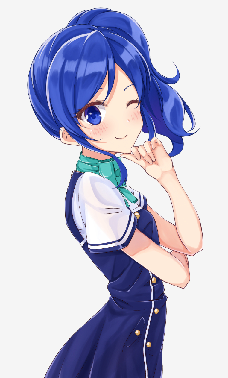 1girl, ;), aikatsu!, aikatsu!_(series), bangs, blue_dress, blue_eyes, blue_hair