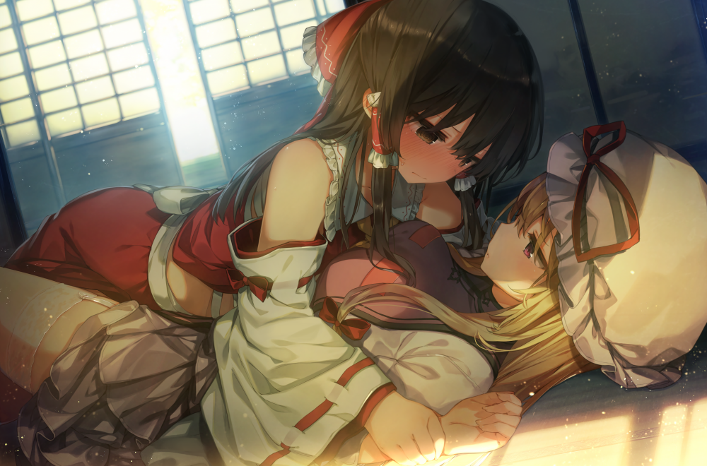2girls, ascot, bare_shoulders, black_hair, blonde_hair, blush, bow, breasts, brown_eyes, collarbone, commentary_request, detached_sleeves, dress, dutch_angle, eye_contact, frilled_bow, frilled_shirt_collar, frills, garter_straps, grabbing, hair_bow, hair_tubes, hakurei_reimu, hat, hat_ribbon, indoors, japanese_clothes, large_breasts, light_particles, long_hair, long_sleeves, looking_at_another, miko, mob_cap, multiple_girls, nose_blush, profile, red_bow, red_ribbon, revision, ribbon, ribbon-trimmed_sleeves, ribbon_trim, sarashi, shinoba, sidelocks, tabard, thigh-highs, touhou, violet_eyes, white_dress, white_hat, white_legwear, wide_sleeves, yakumo_yukari, yellow_neckwear, yuri, zettai_ryouiki