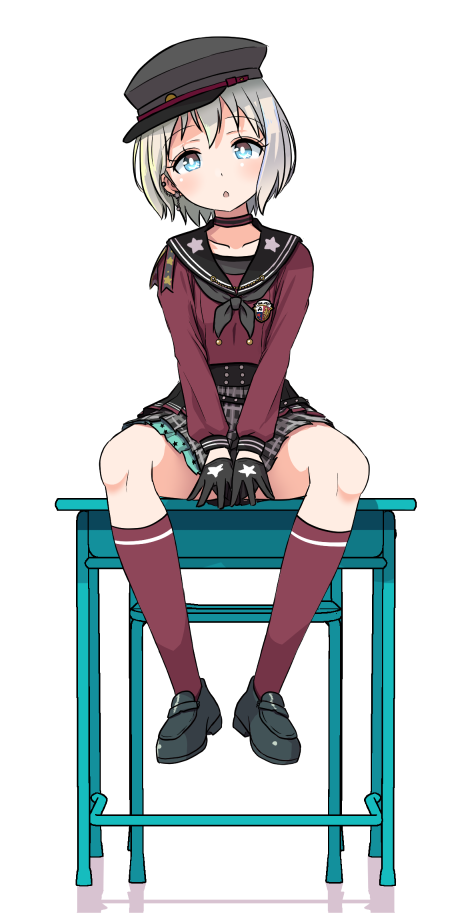 1girl, :o, aoba_moca, badge, bang_dream!, bangs, between_legs, black_footwear