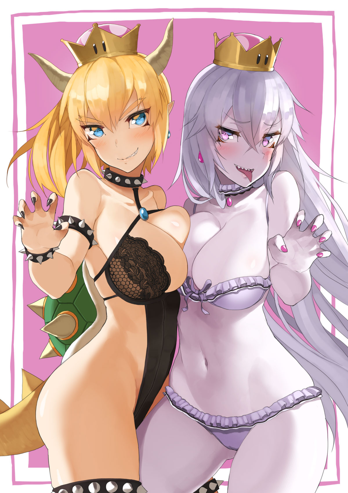 2girls, asymmetrical_docking, blonde_hair, blue_eyes, blush, bowsette, bra, bracelet