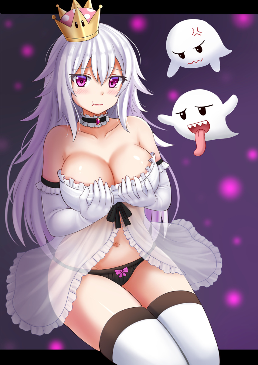 1girl, :t, anger_vein, bangs, bare_shoulders, black_choker, black_panties, boo